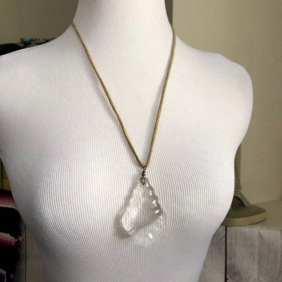 Faceted Clear Pendant on Tan Leather Necklace - Picture 1 of 10
